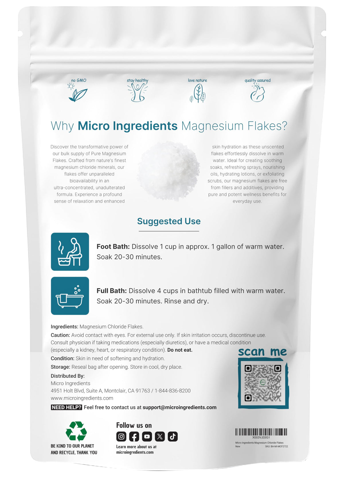 Micro Ingredients open pouch close-up revealing flakes texture and easy dispensing benefits