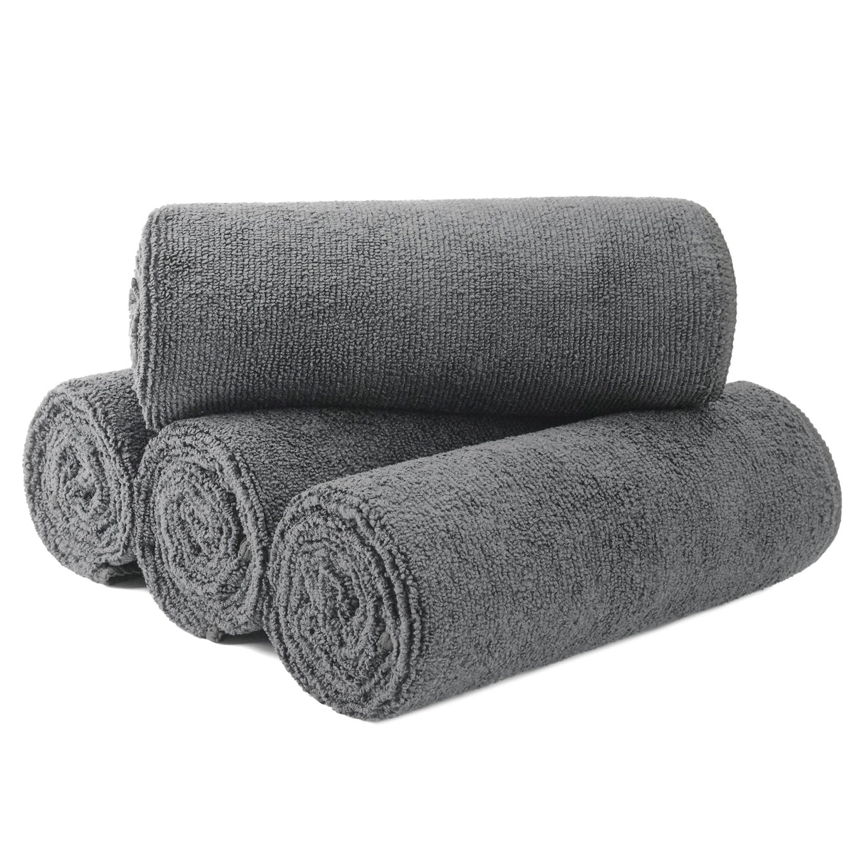MICROFI front view of four gray towels showing professional pack and durability