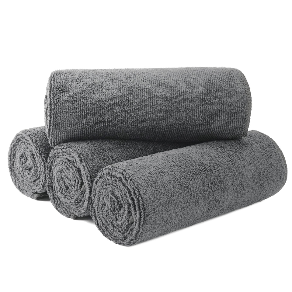 MICROFI front view of four gray towels showing professional pack and durability