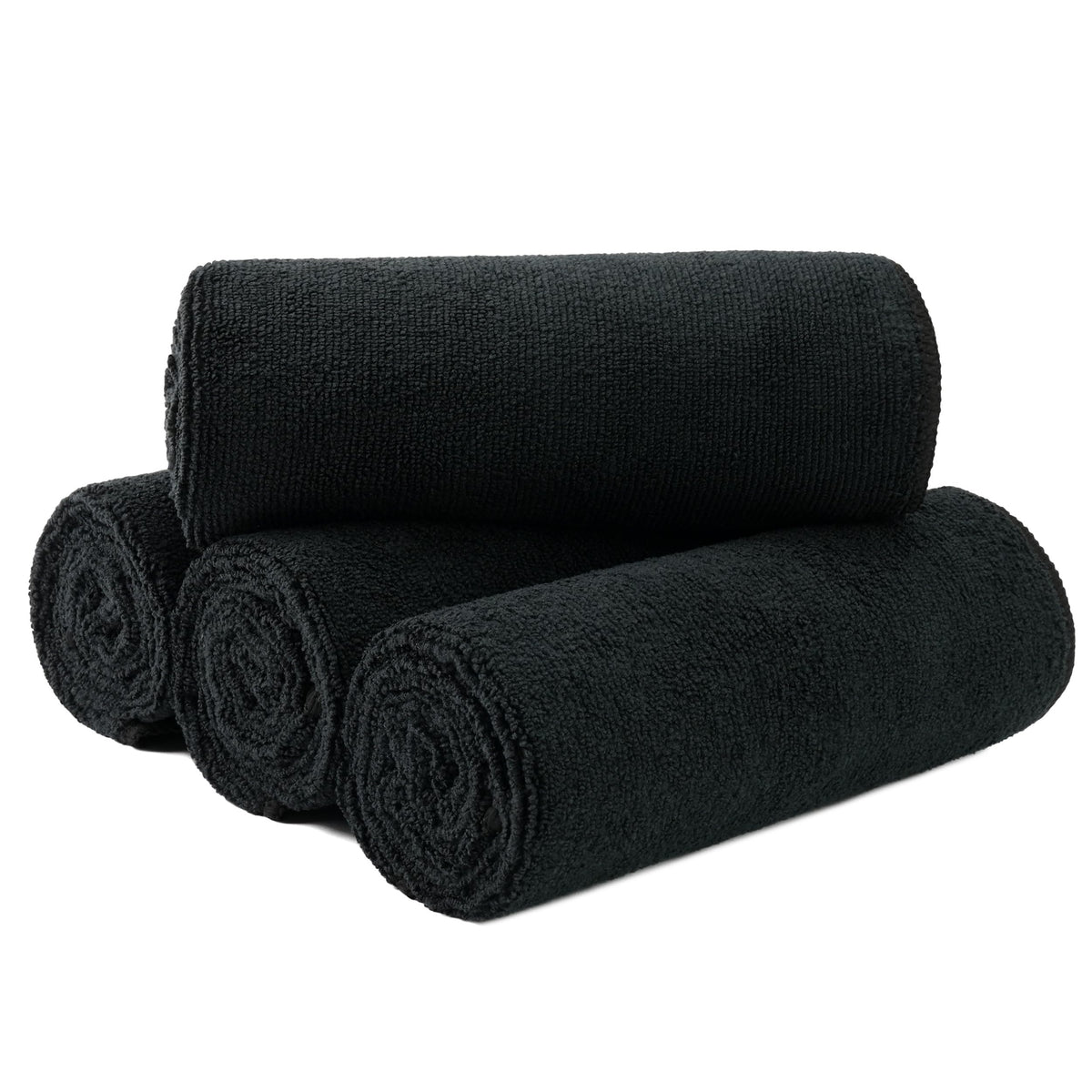 MICROFI front pack showing four black 16x29 towels, professional convenience
