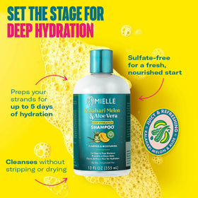 Mielle Organics shampoo pouring to show creamy consistency and spreadability