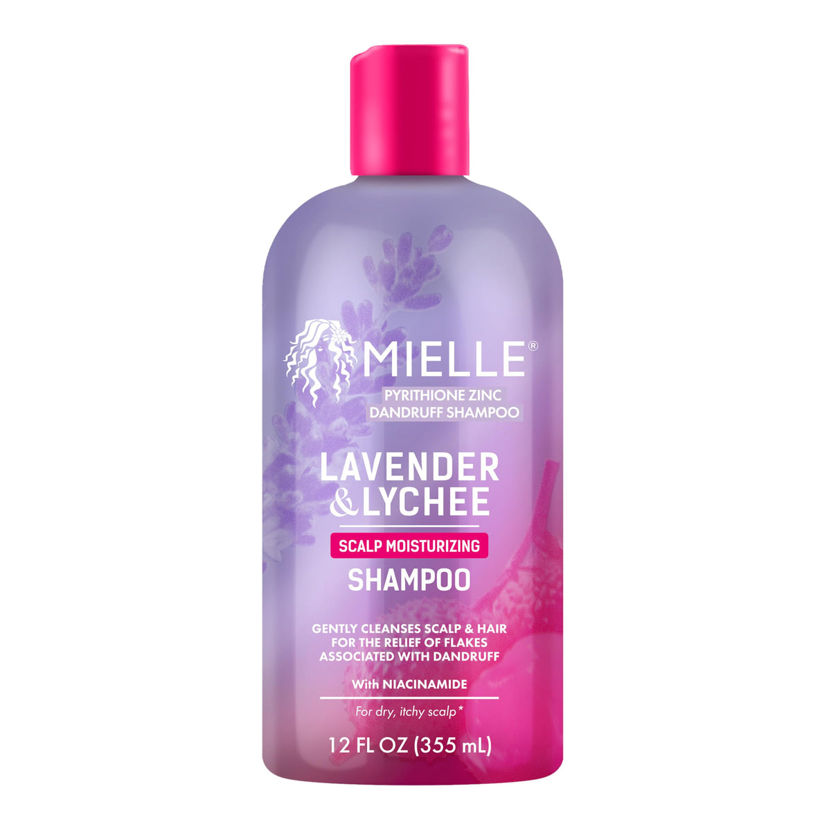 Mielle Organics front packaging of lavender and lychee shampoo showing bottle benefits