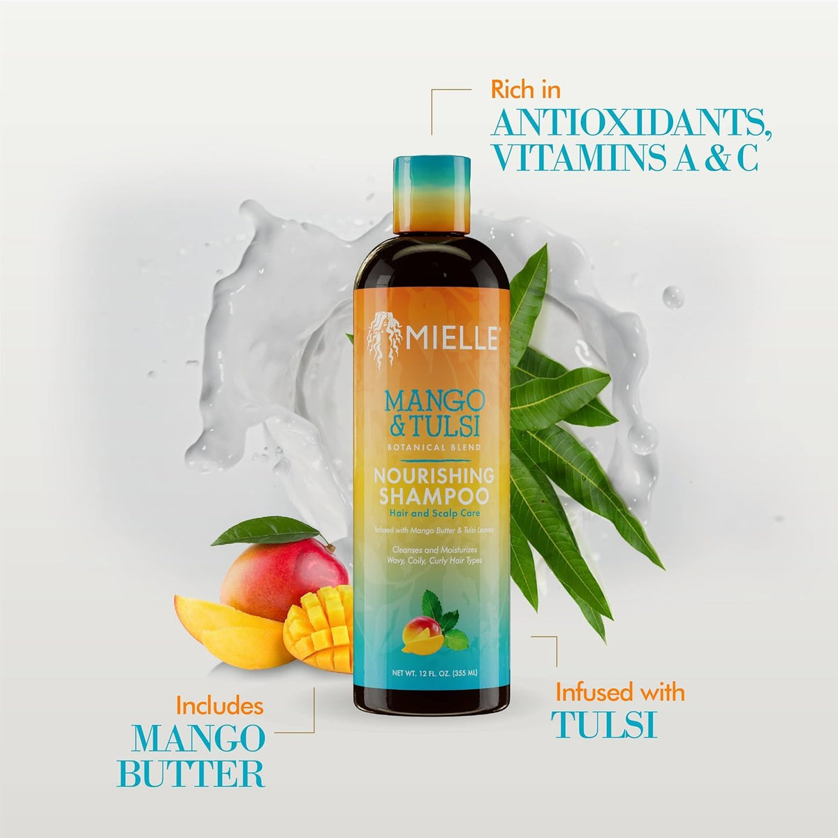 Mielle Organics shampoo in use under shower illustrating scalp cleansing