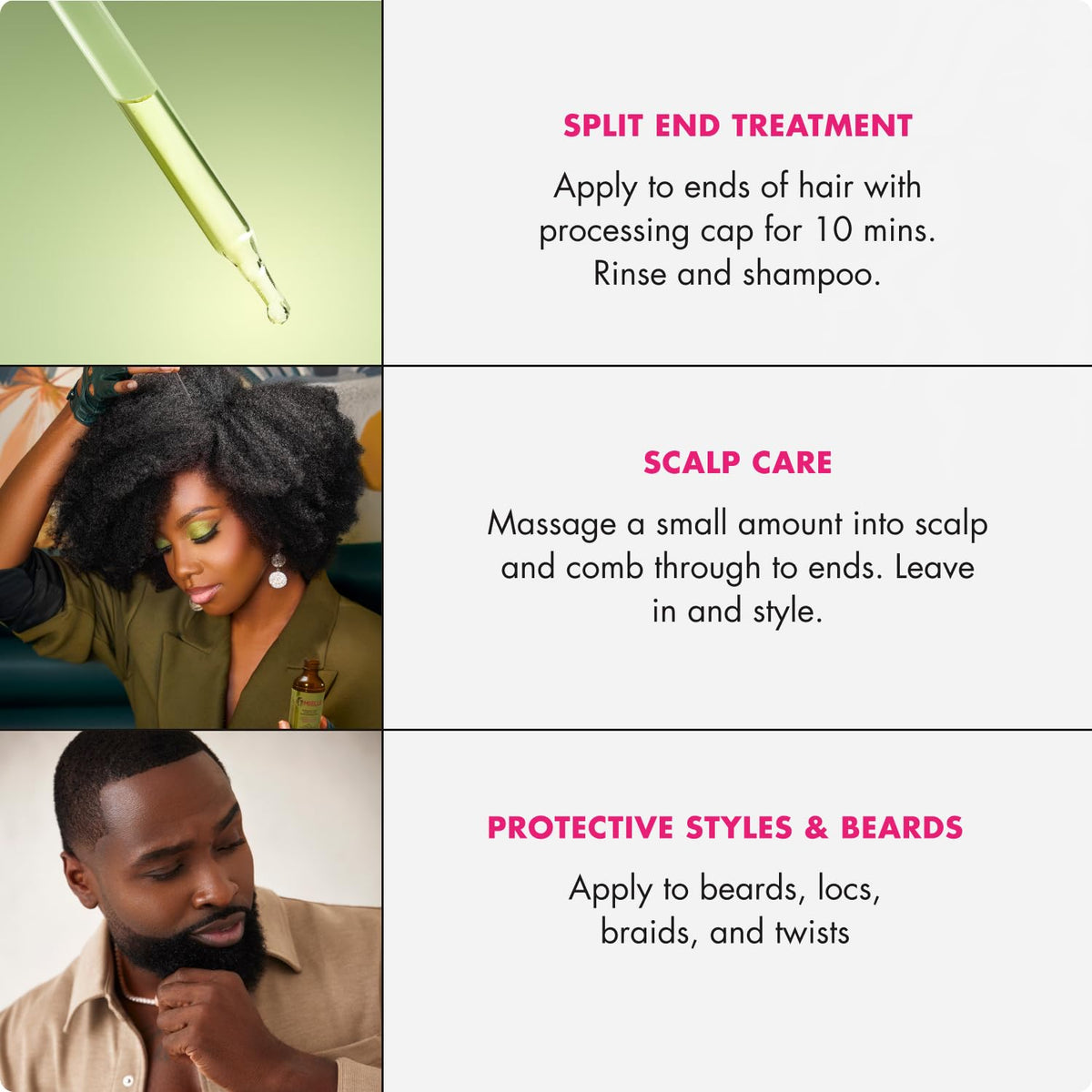 Mielle Organics applied to hair ends close-up reducing frizz and softening tips