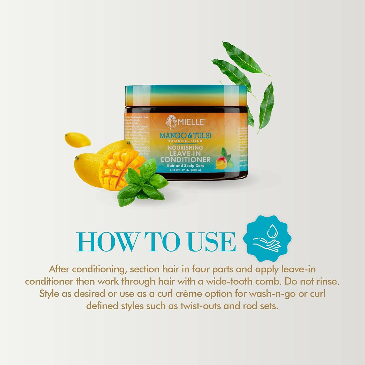 Mielle Organics with mango and tulsi botanicals highlighting natural ingredients