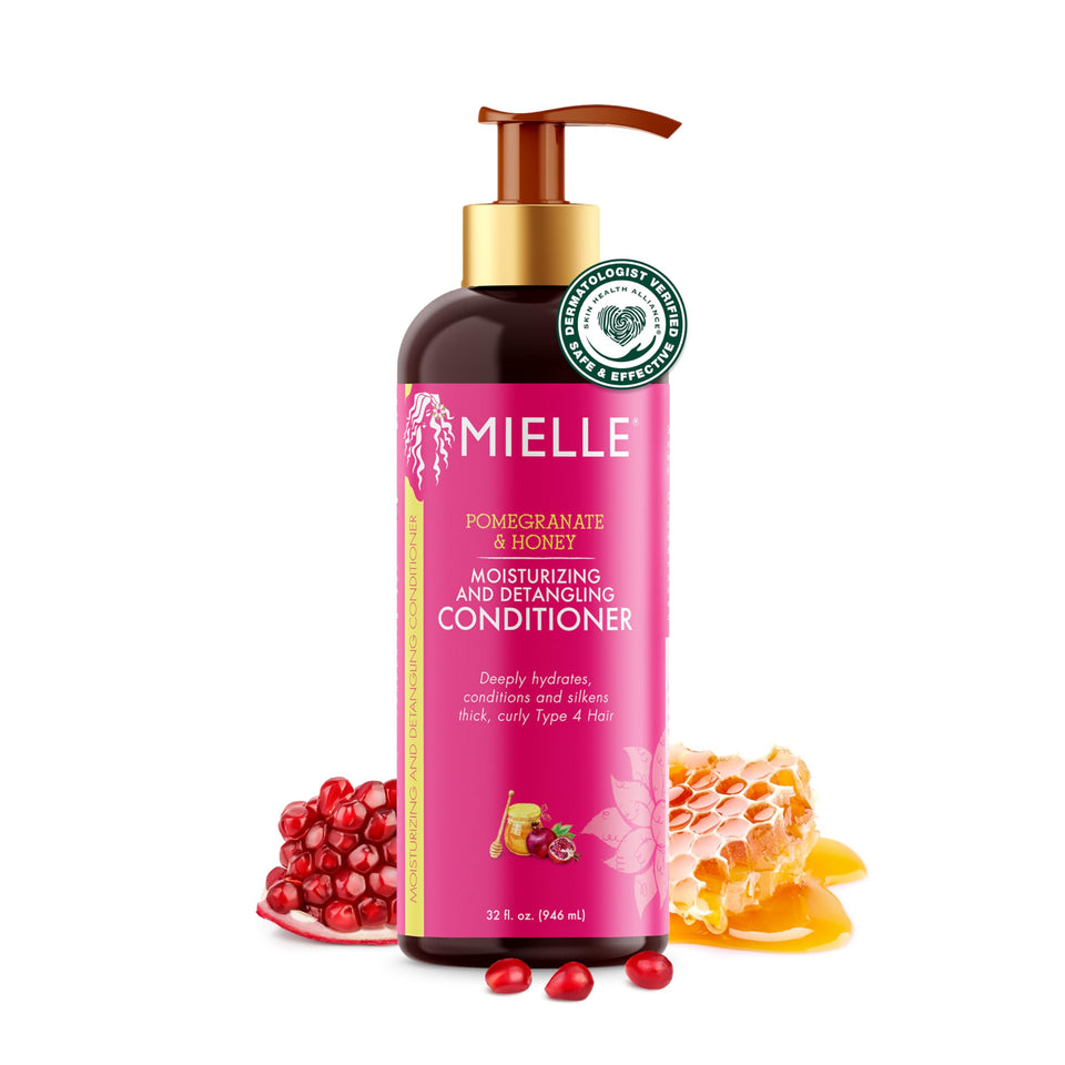 Mielle Organics front packaging showing 32 oz bottle and branding benefits