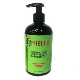 Mielle Organics strengthening shampoo bottle pouring foam, cleansing and refreshing benefit visible