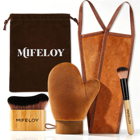 Mifeloy kit front view showing mitt, brushes, back applicator and pouch for organized tanning
