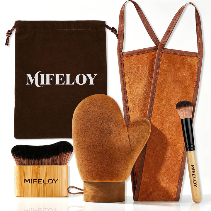 Mifeloy kit front view showing mitt, brushes, back applicator and pouch for organized tanning