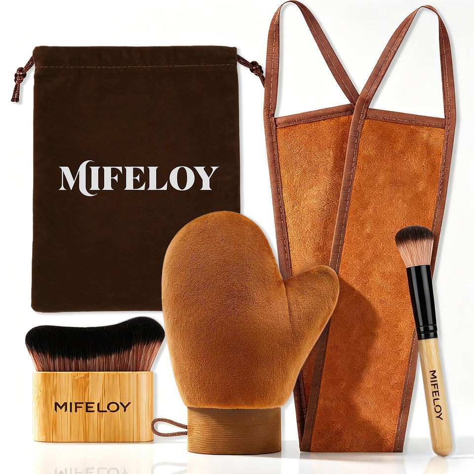 Mifeloy kit front view showing mitt, brushes, back applicator and pouch for organized tanning
