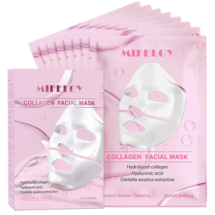 Mifeloy front packaging showing 8-pack collagen hydrogel masks for convenient self care