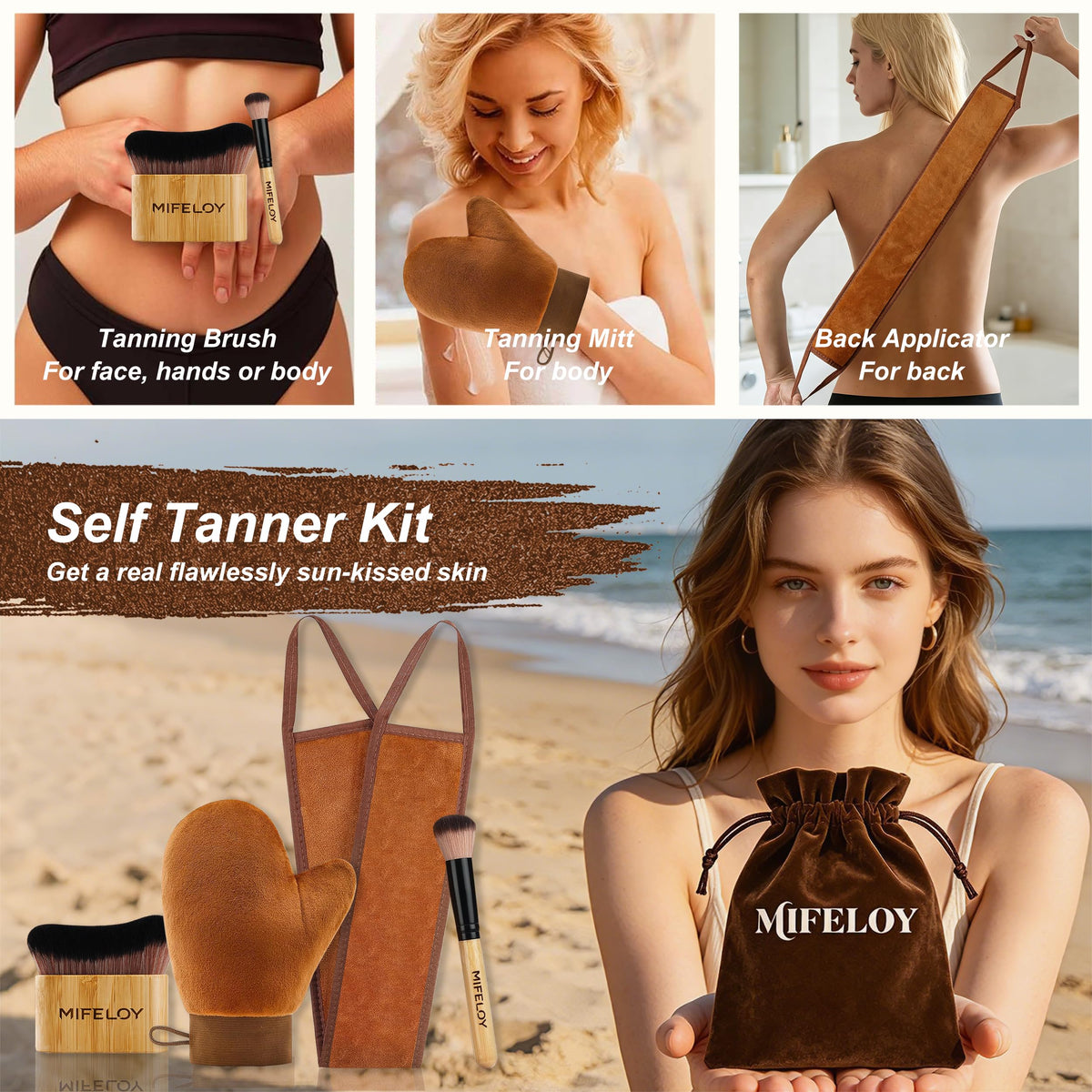 Mifeloy travel pouch with all kit pieces packed for portable, tidy tanning on trips