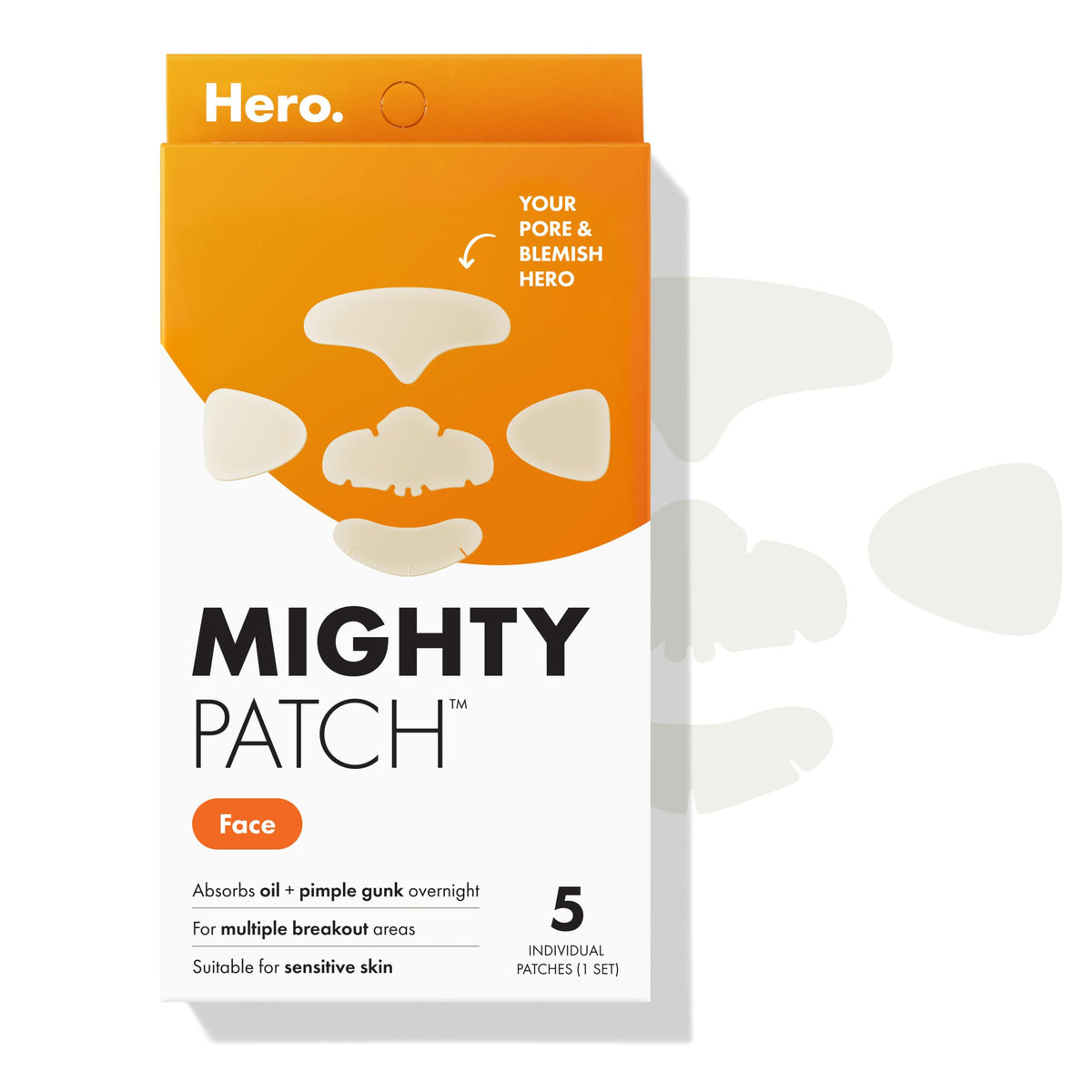 Mighty Patch front packaging showing five-piece face mask and benefits