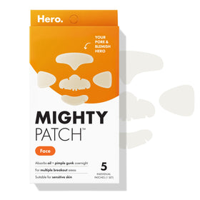 Mighty Patch front packaging showing five-piece face mask and benefits