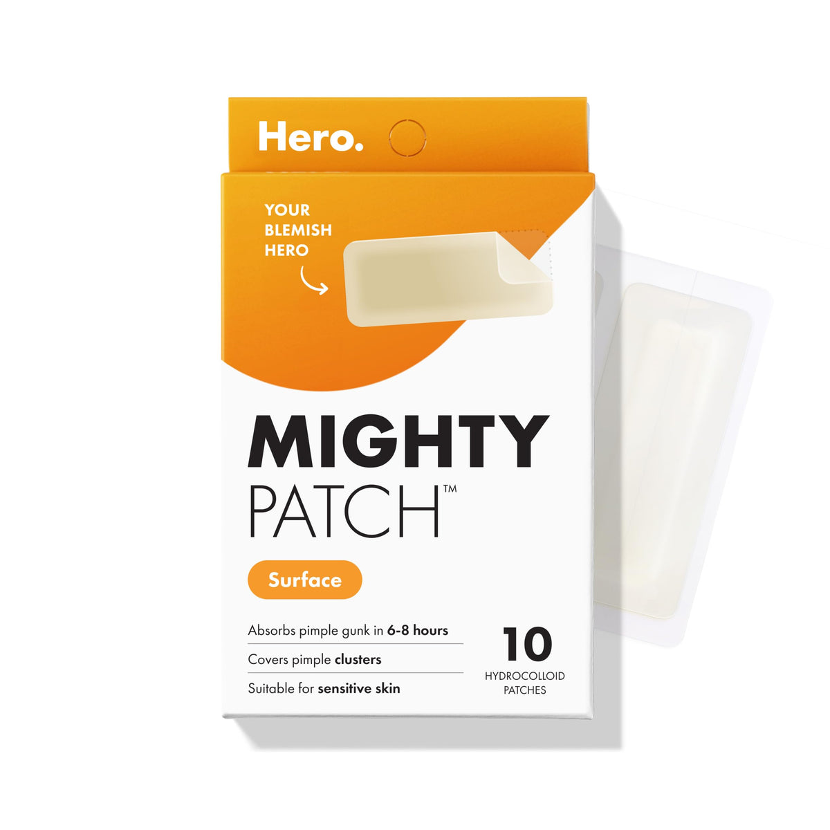 Mighty Patch front packaging showing 10-count box and product benefits