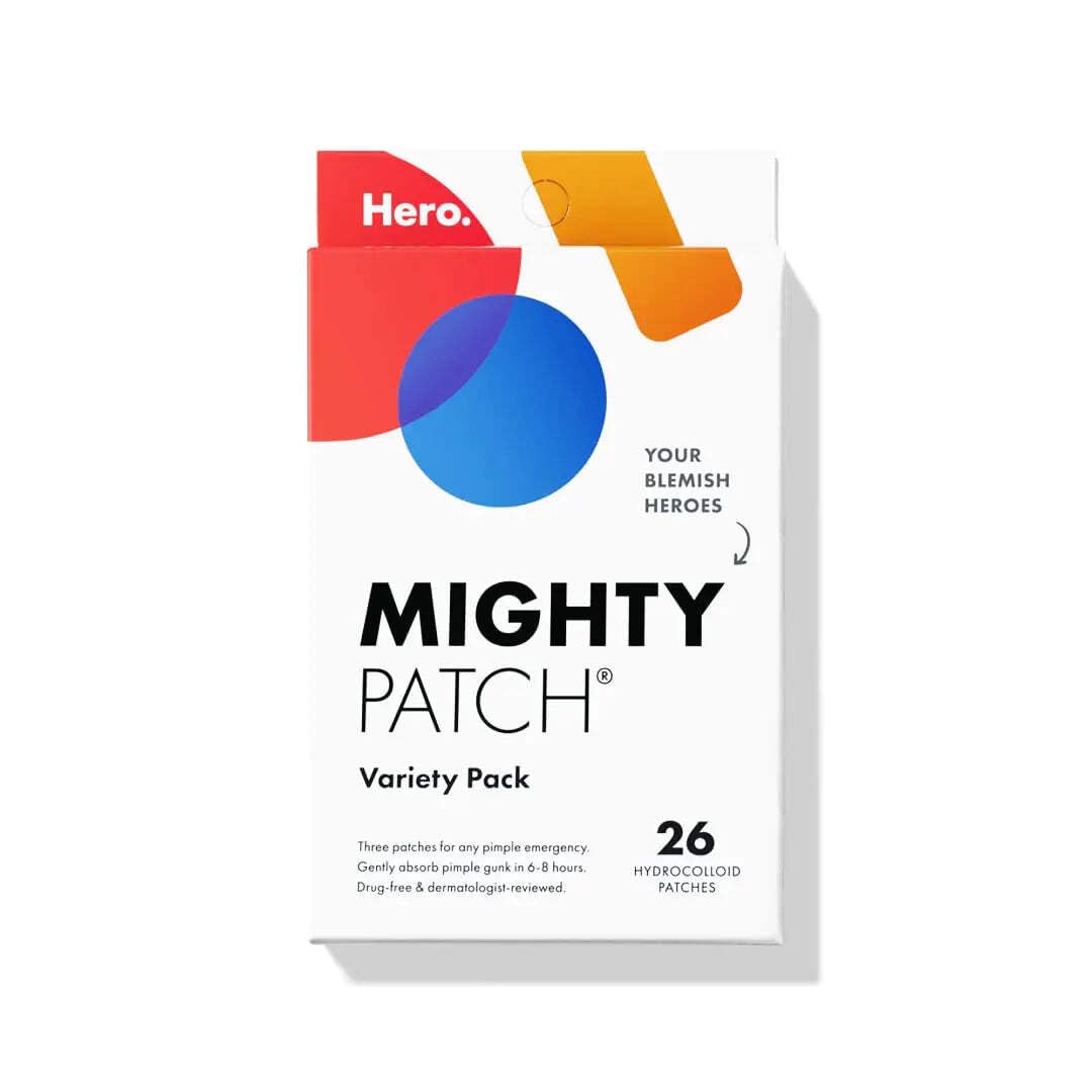 Mighty Patch front packaging showing the 26 ct variety pack and product branding benefit: quick blemish care