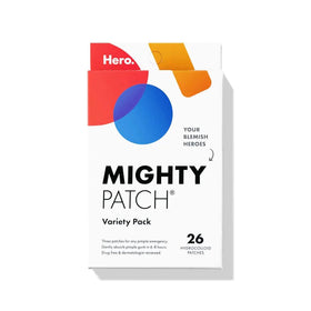 Mighty Patch front packaging showing the 26 ct variety pack and product branding benefit: quick blemish care