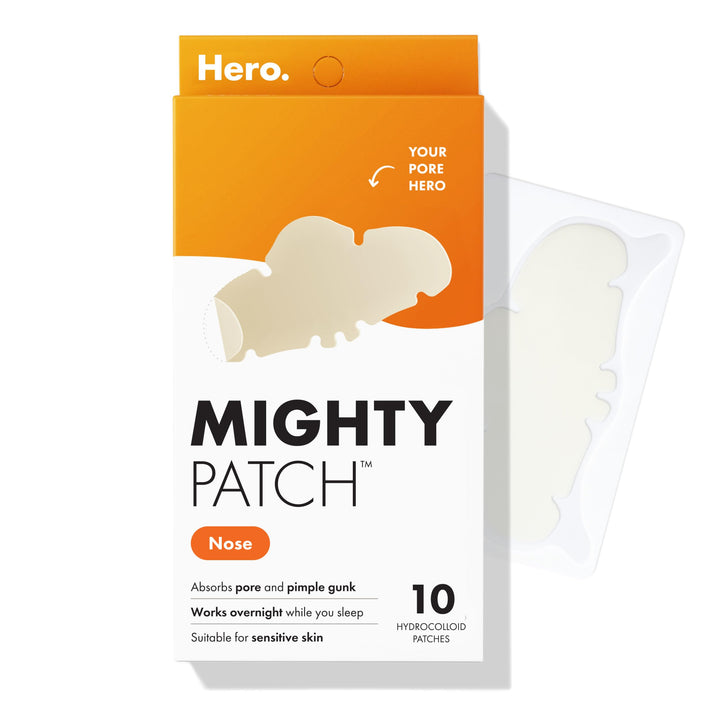 Mighty Patch front packaging showing large nose strip and 10 count benefit