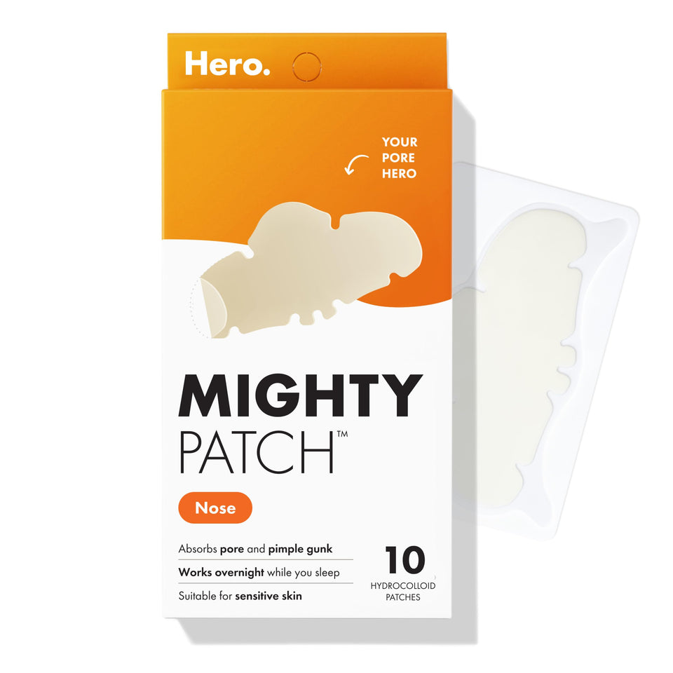 Mighty Patch front packaging showing large nose strip and 10 count benefit