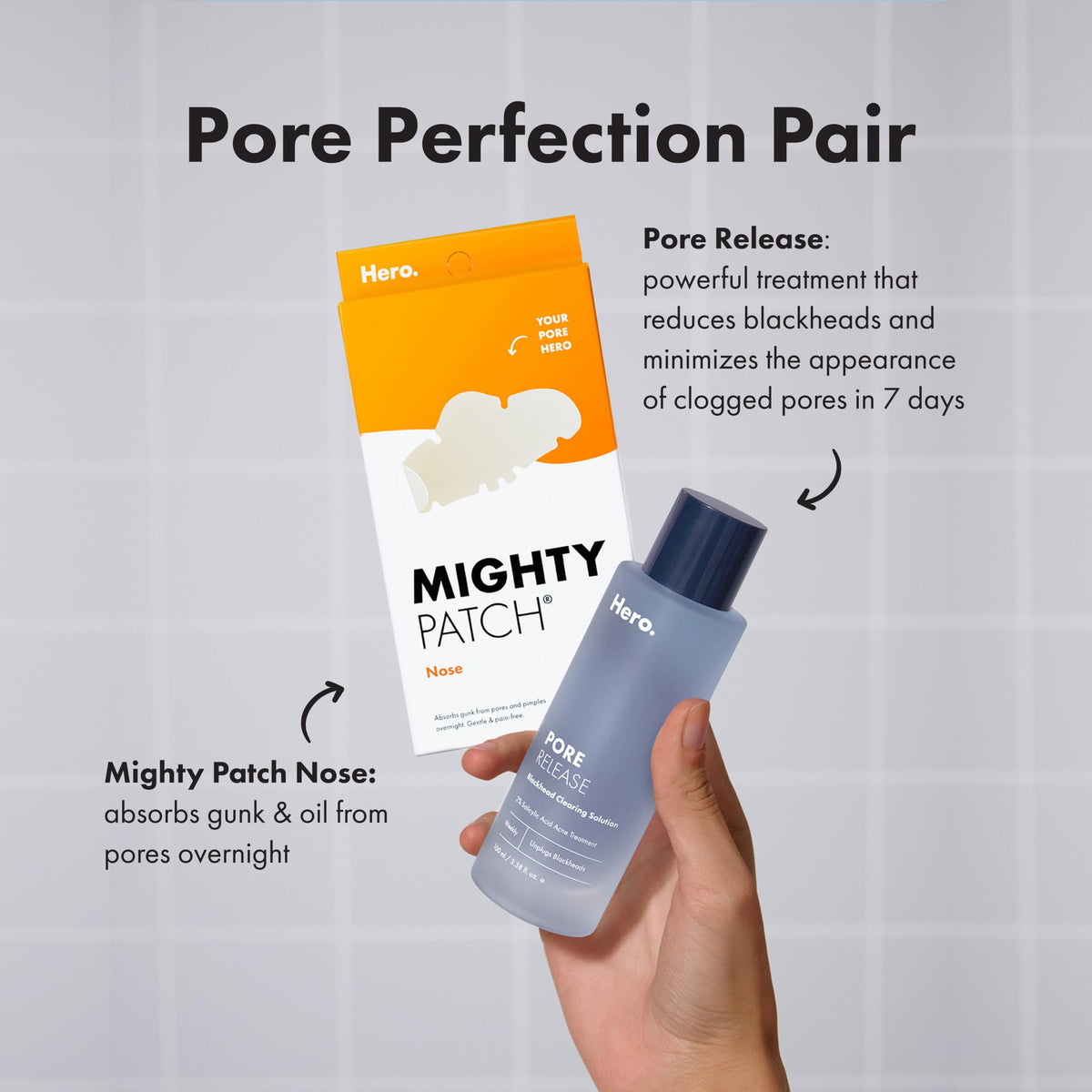 Mighty Patch on bathroom counter with skincare items showing travel-ready convenience