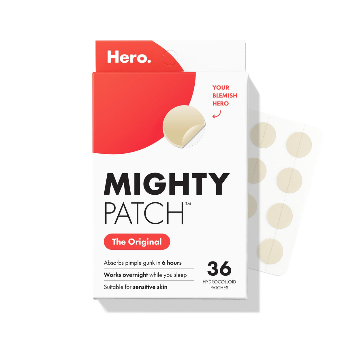 Mighty Patch front packaging showing 36-count box and brand name, convenient travel size