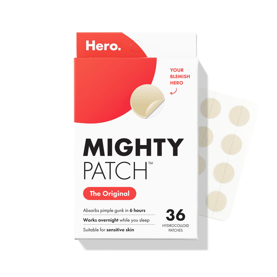 Mighty Patch front packaging showing 36-count box and brand name, convenient travel size