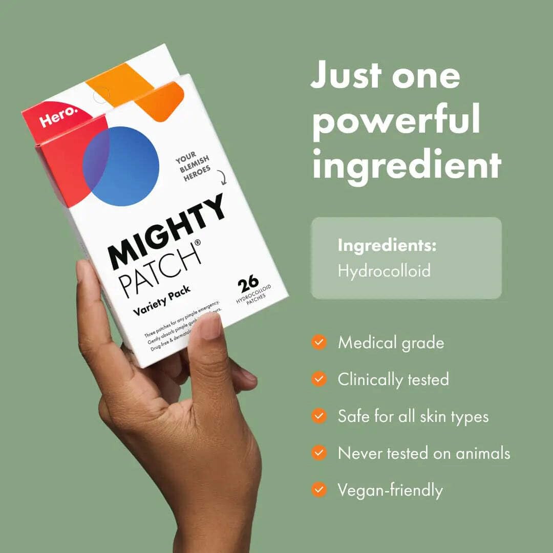 Mighty Patch Original stickers applied to a whitehead on skin demonstrating strong overnight absorption benefit