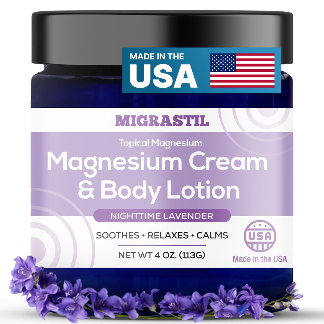 MIGRASTIL front packaging showing nightly magnesium cream and calming lavender