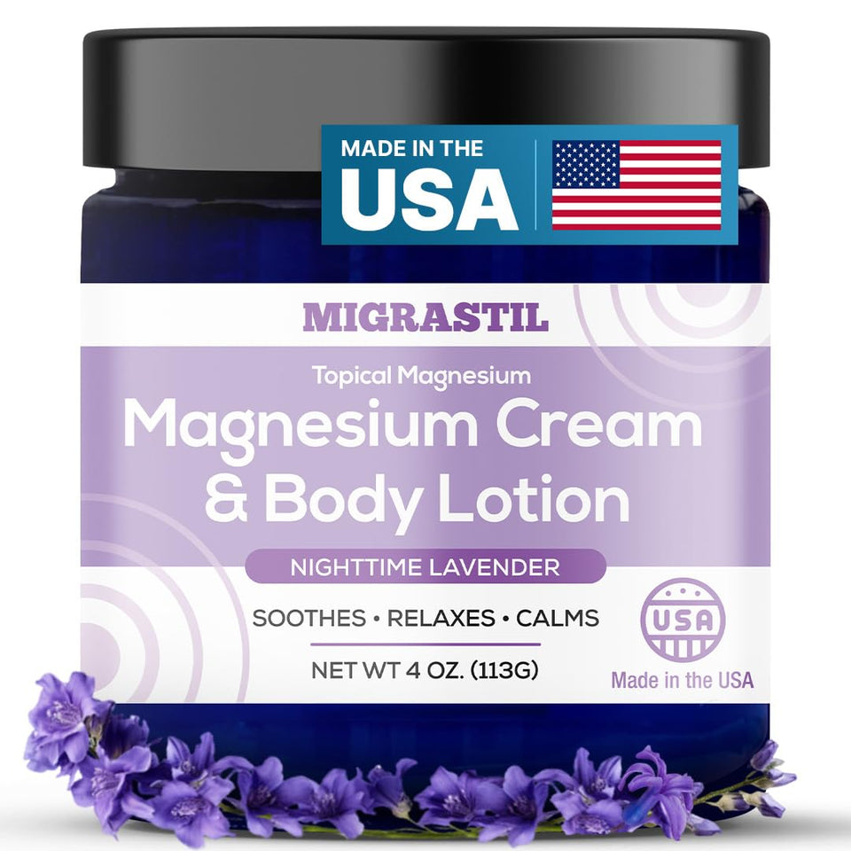 MIGRASTIL front packaging showing nightly magnesium cream and calming lavender