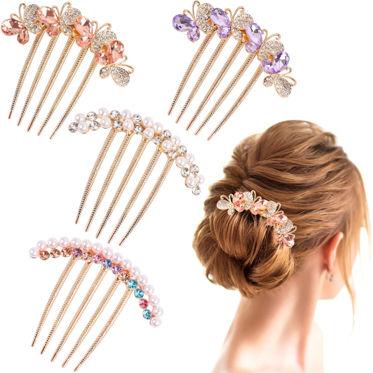 MIKIMIQI front view of four pearl crystal hair fork clips showing variety and elegance