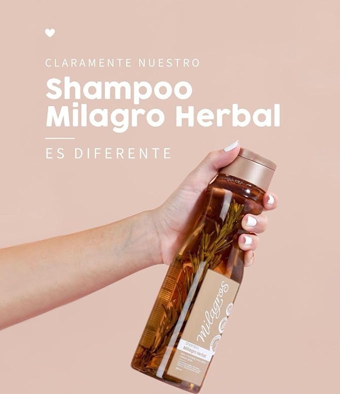 Milagros shampoo with visible ginger and rosemary pieces boosting authenticity