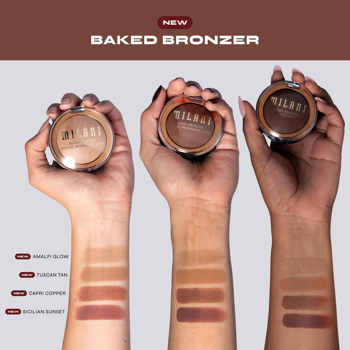 Milani swatch on skin showing silky powder payoff and natural warm finish