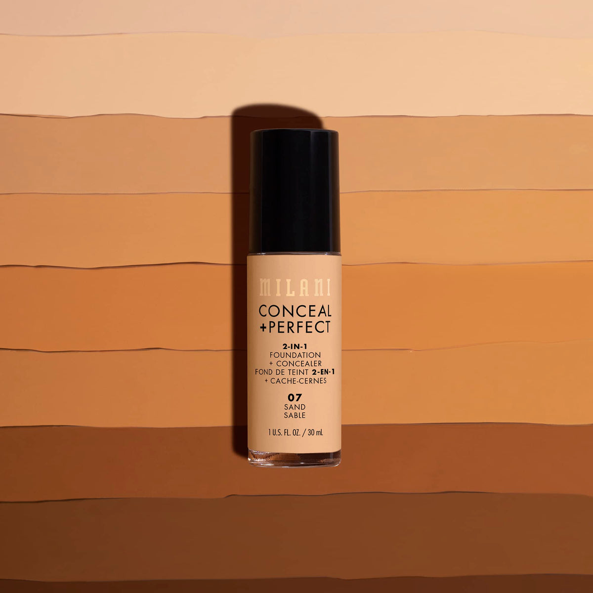Milani packaging and shade chart display highlighting 45 shade range