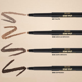 Milani brow pencil held in hand to show compact size and travel convenience