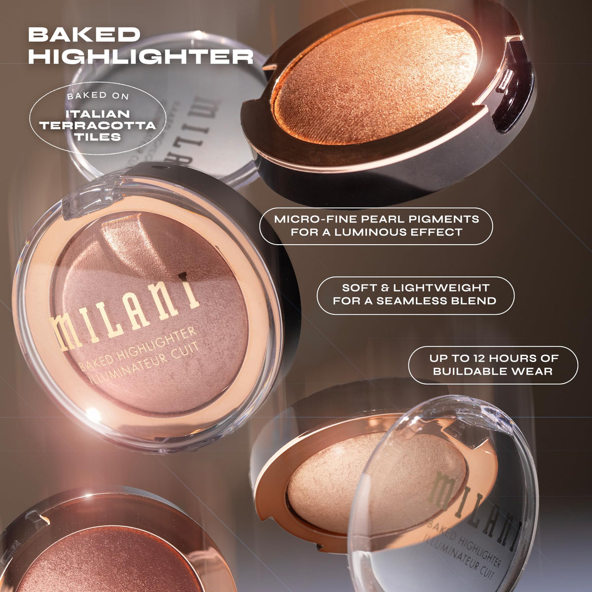 Milani brush picking up powder for even application and long-lasting glow