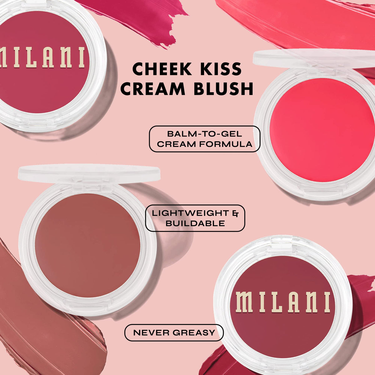 Milani Cheek Kiss close-up swipe on skin showing buildable color payoff