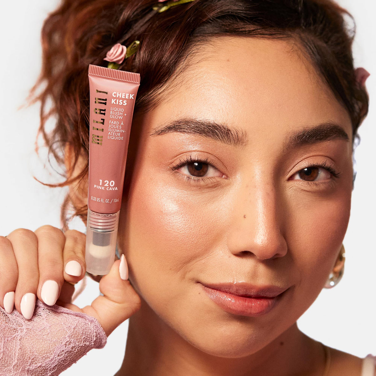 Milani Cheek Kiss close-up of pearl finish highlighting soft-focus glow