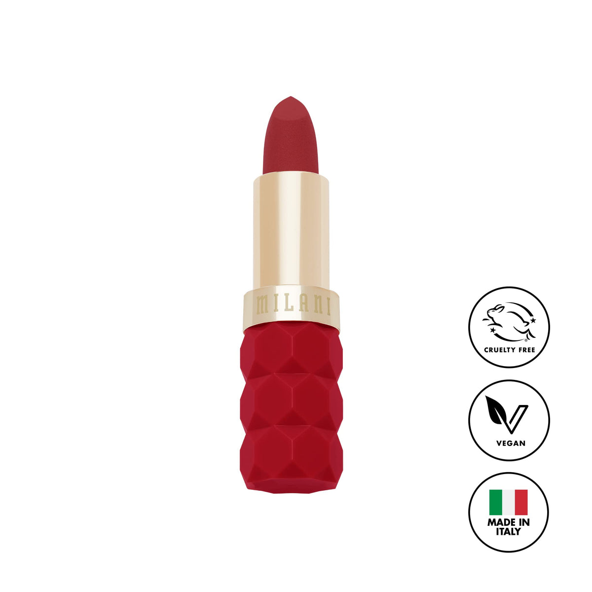 Milani open tube angled view highlighting creamy bullet and smooth glide