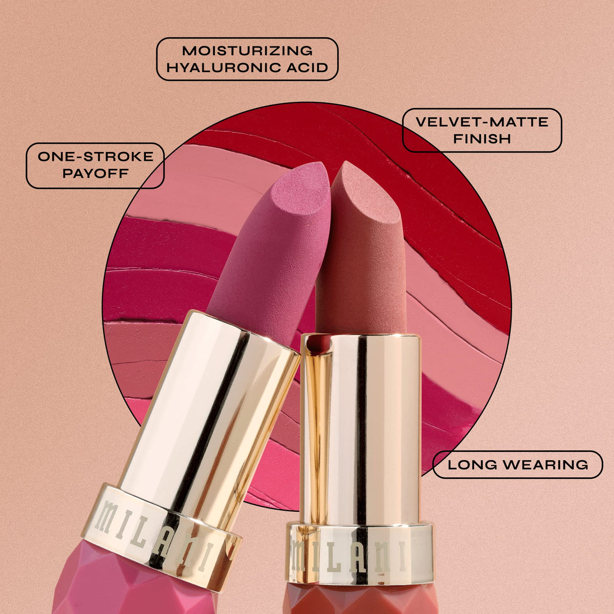 Milani side label with ingredient list showing hyaluronic acid hydration benefit