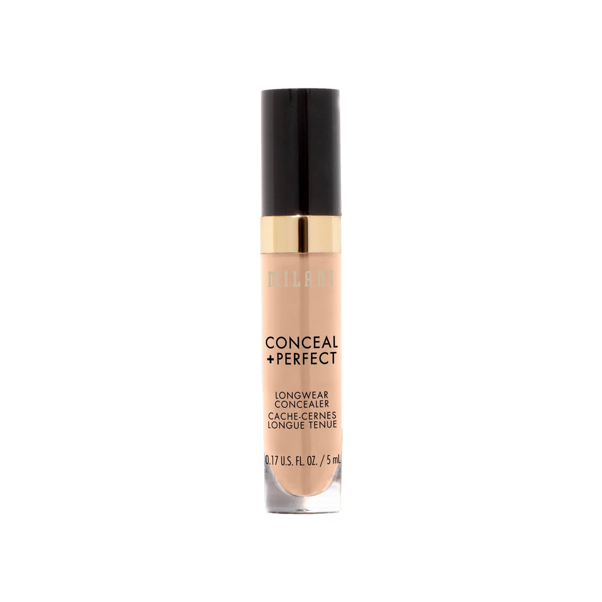 Milani concealer label close-up highlighting hyaluronic acid and vitamin E benefits