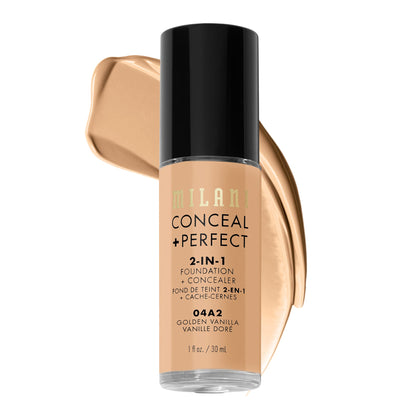 Milani bottle front showing shade 04A2-Golden Vanilla and full coverage benefit