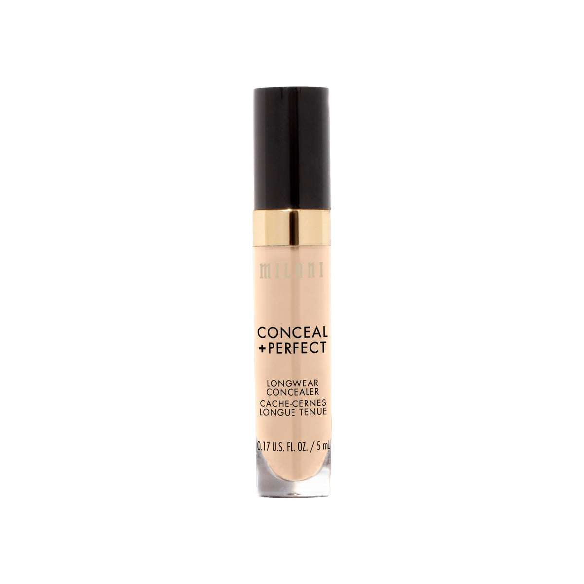 Milani concealer label and ingredient list clear text showing vegan and vitamin E benefit
