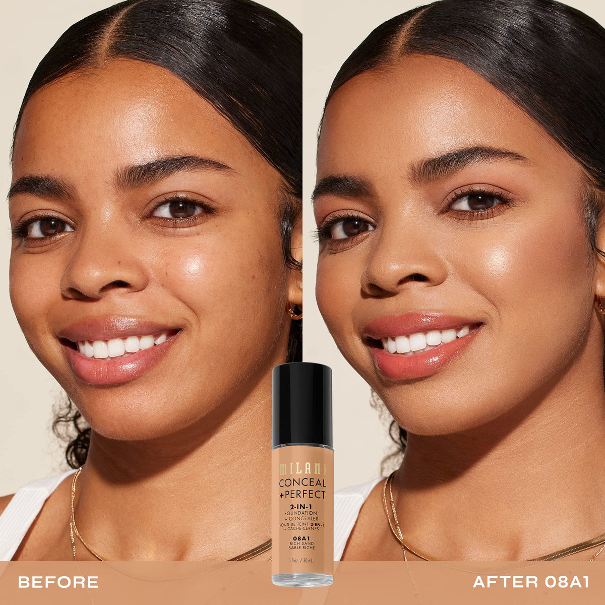 Milani creamy foundation texture close-up illustrating smooth blendability and full coverage