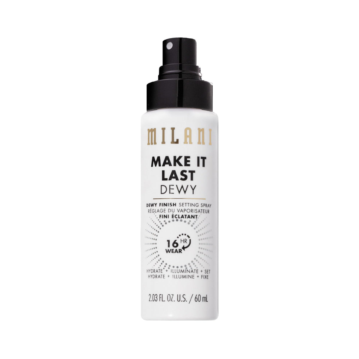 Milani front packaging showing dewy setting spray for lasting glow