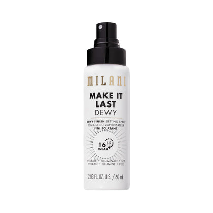 Milani front packaging showing dewy setting spray for lasting glow