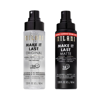 Milani duo front packaging showing both natural and matte sprays for versatile wear