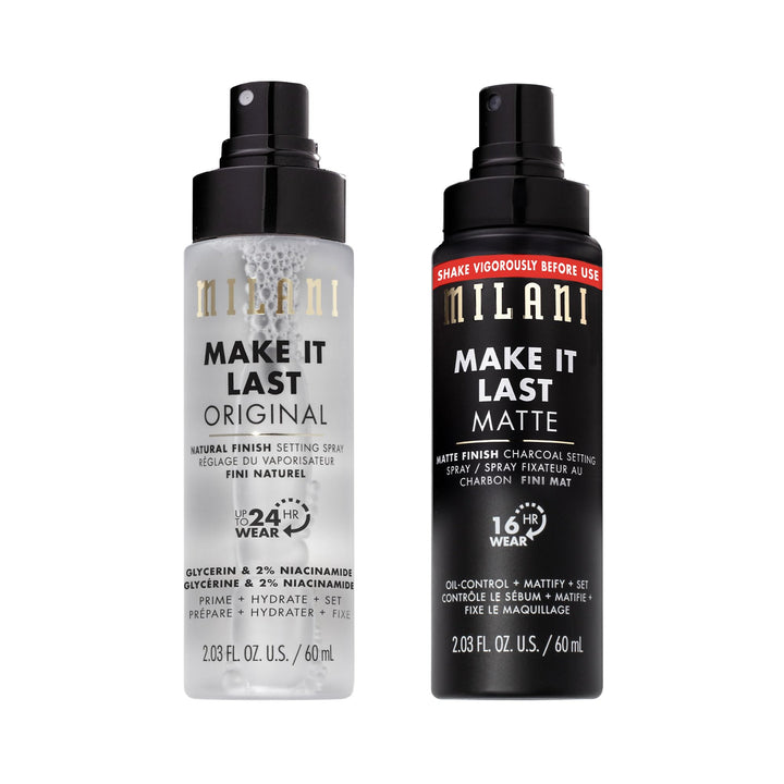 Milani duo front packaging showing both natural and matte sprays for versatile wear