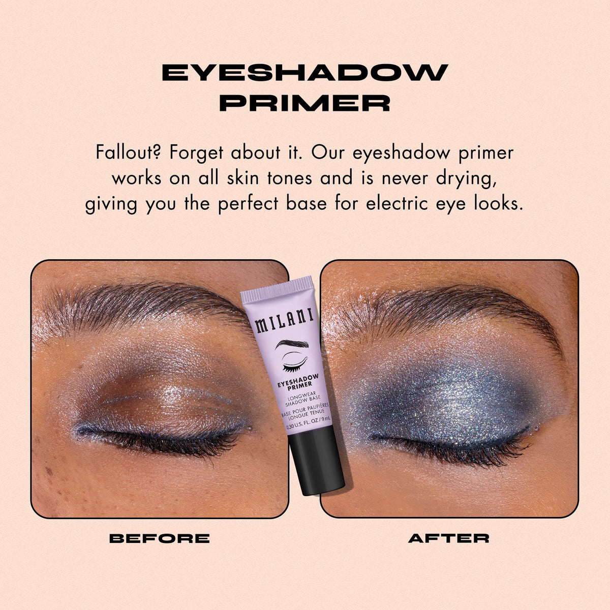 Milani primer applied with fingertip on eyelid showing easy blending benefit