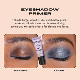 Milani primer applied with fingertip on eyelid showing easy blending benefit