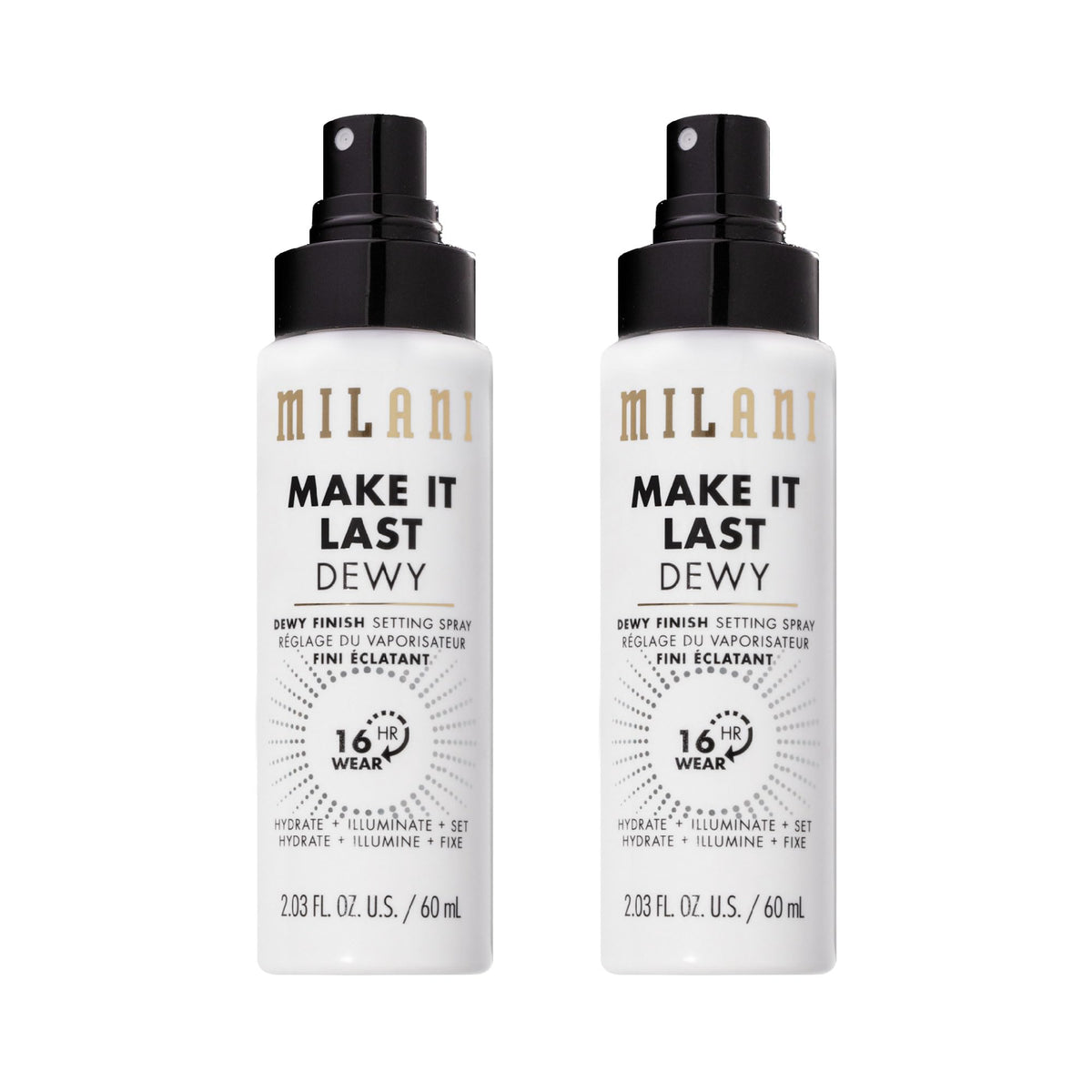 Milani front packaging showing setting spray and primer for longwear